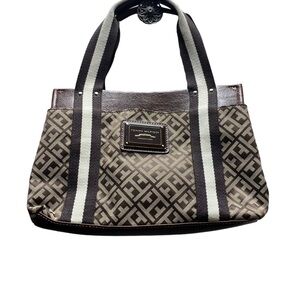 Tommy Hilfiger Vintage 90s Y2K Brown Logo Pattern Canvas And Leather Handbag